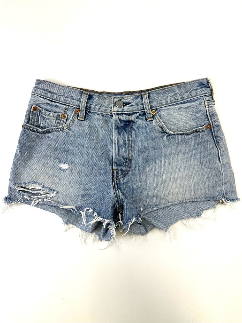 Levis 501 Cutoff Denim Shorts Womens W28 Light Wash Distressed Button Fly Jorts